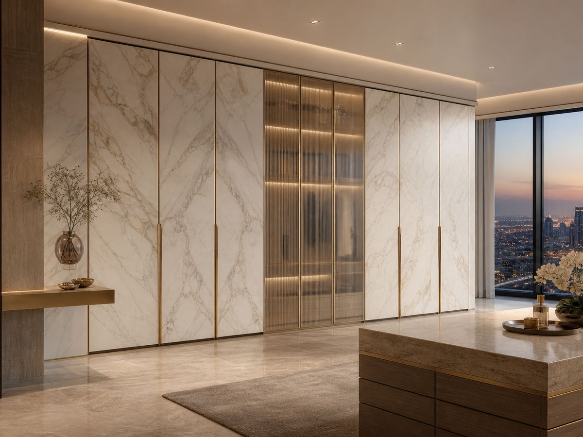 Fadior Onyx Wardrobe Suite with Linen Glass Dressing Bridge — 304 stainless steel wardrobe system, front view