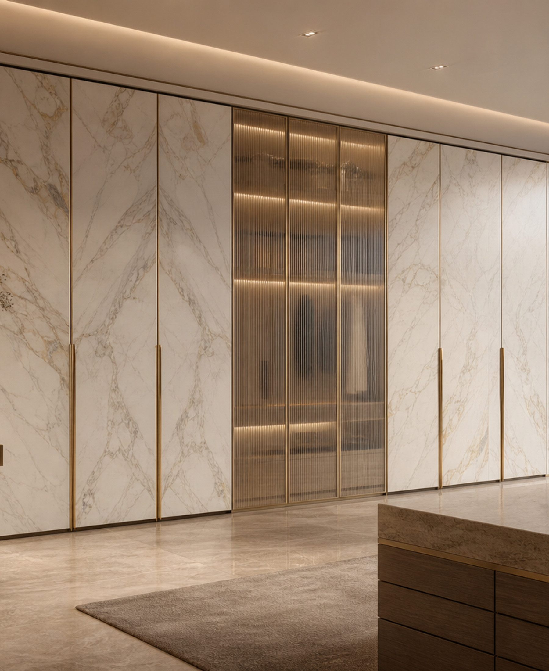 Fadior Onyx Wardrobe Suite with Linen Glass Dressing Bridge — 304 stainless steel wardrobe system, front view