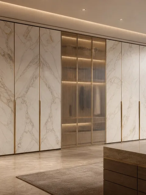 Suite de Armario Onyx con Puente de Vestidor de Vidrio Lino