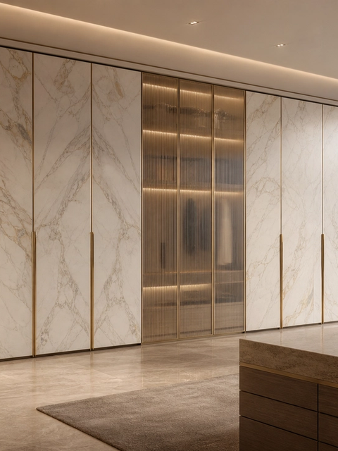 Fadior Onyx Wardrobe Suite with Linen Glass Dressing Bridge — 304 stainless steel wardrobe system, front view