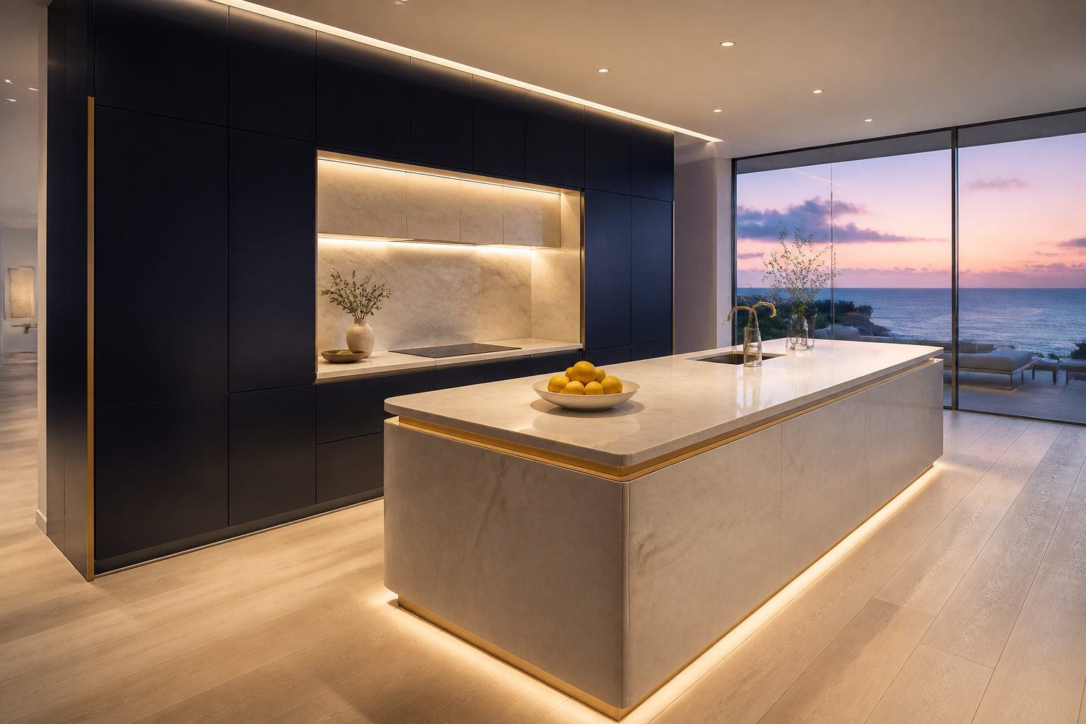 Fadior Algarve 420 sqm Kitchen Villa — dark cabinets, pale counter, island, lemons, ocean window
