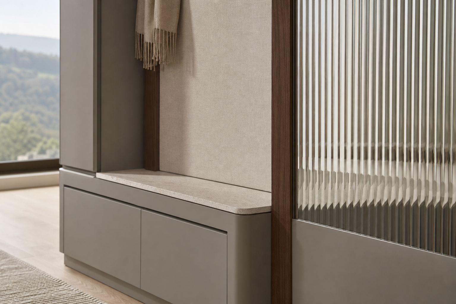 Fadior Savile Entryway Suite with Reeded Mirror Parcel Vestibule — close-up of stainless steel finish and hardware detail