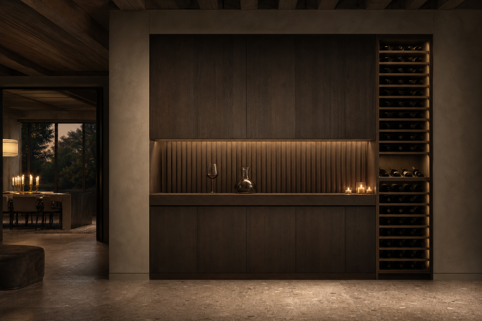 Fadior Gloria Wine Cabinet Suite with Pearl Ribbed Tasting Wall — interior room context showing cabinet integration