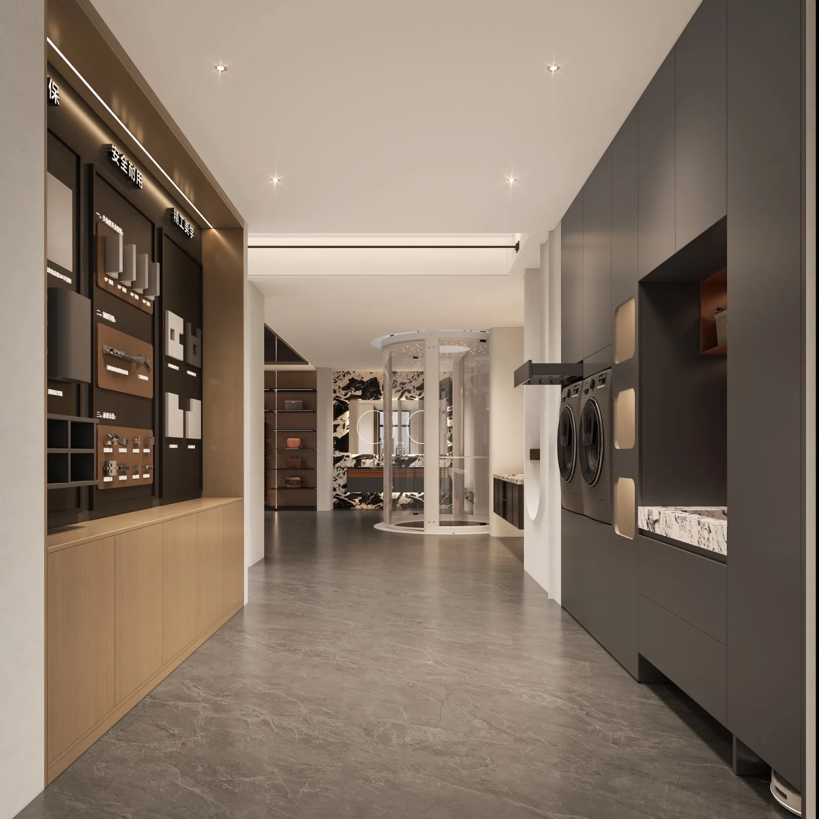 Interior de showroom en Sydney con circulación a medida y detalle de vestidor
