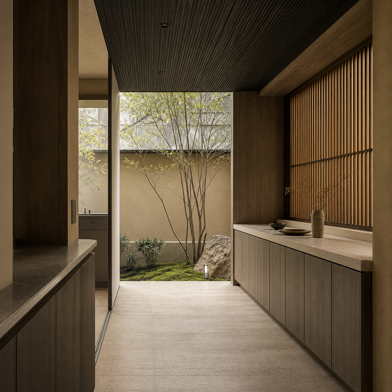 Fadior Dusk Balcony Suite with Calacatta Breakfast Rail — interior room context showing cabinet integration