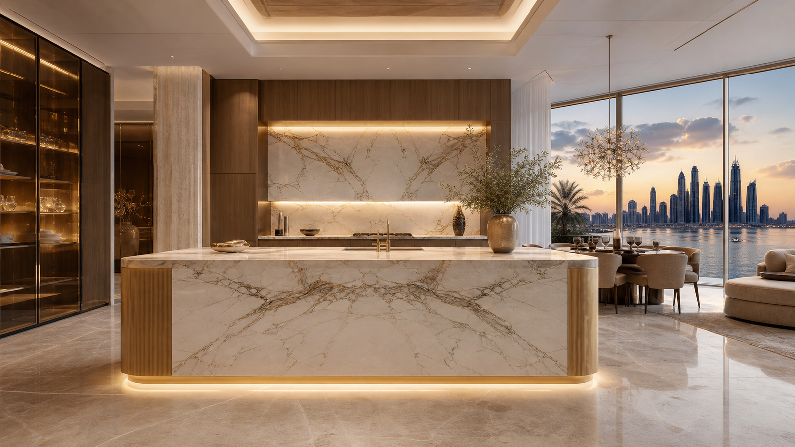 Wide Gulf villa kitchen with Italian proportions, marble island, warm cabinetry, and skyline view.
