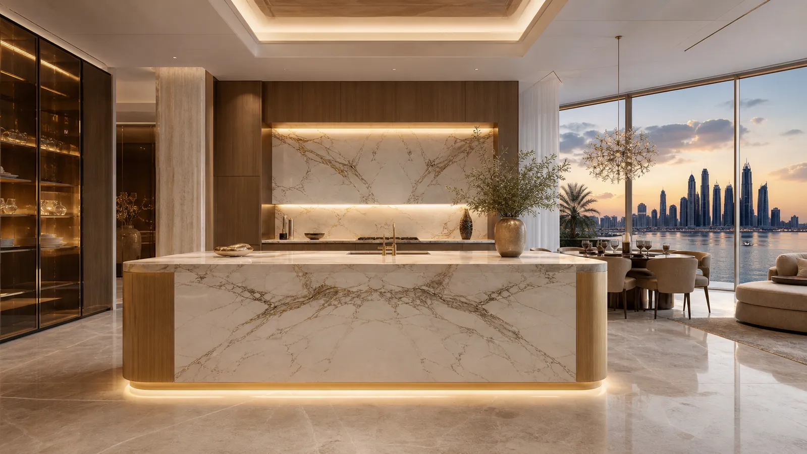 Wide Gulf villa kitchen with Italian proportions, marble island, warm cabinetry, and skyline view.