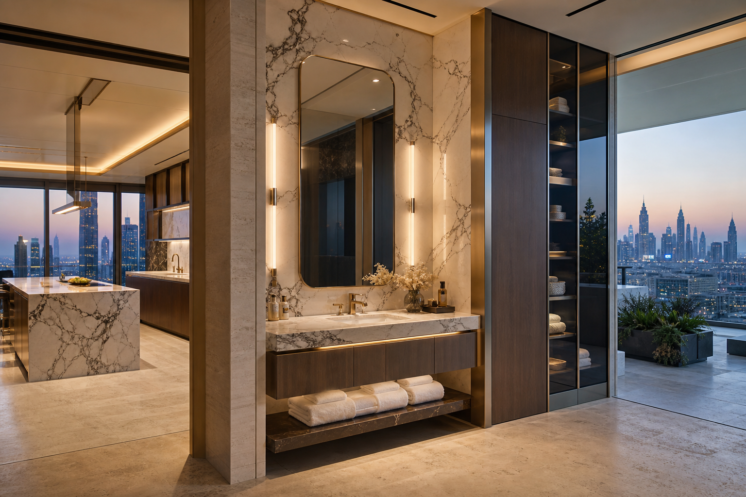 Fadior Dubai 250 sqm Kitchen Penthouse — Dubai vanity and pantry threshold with marble counter, mirror, cabinet tower, towels, terrace window, skyline view, and kitchen doorway