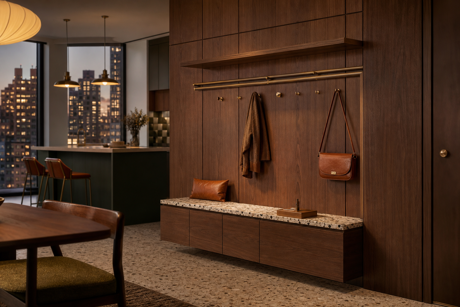 Fadior Loggia Entryway Suite with Floating Shoe Library Rail — interior room context showing cabinet integration
