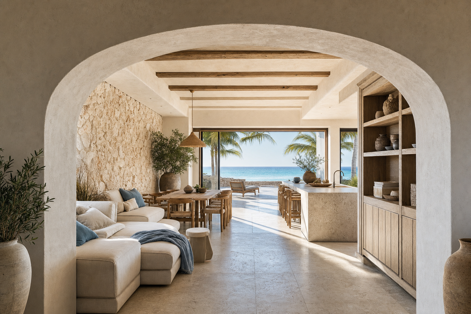 Fadior Miami Boutique Suite Hotel — Miami suite lounge with sofa, dining table, kitchen island, cabinet wall, arched opening,
