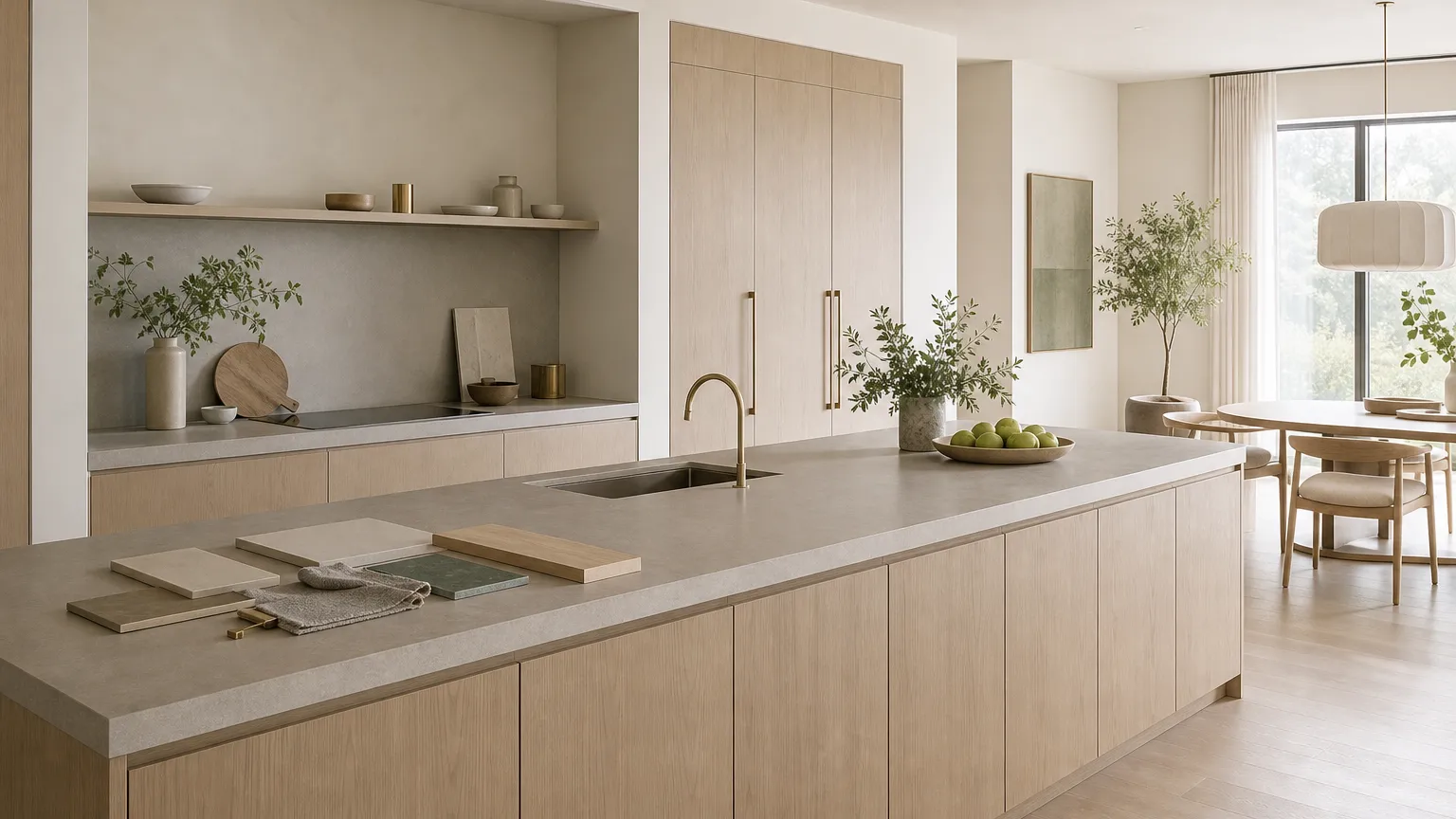 Contemporary villa kitchen with pale oak cabinetry, matte stone island, and quiet dining nook.