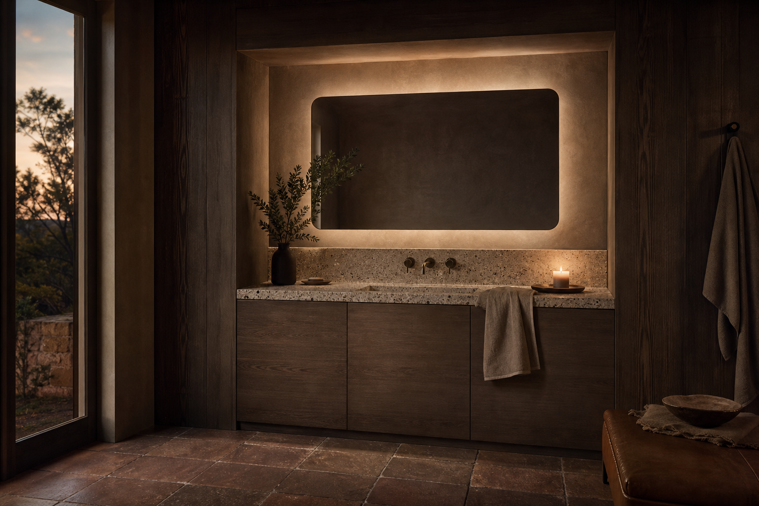 Fadior Alcove Bath and Vanity Suite with Clay Recess Morning Wash Wall — lifestyle setting with natural light and