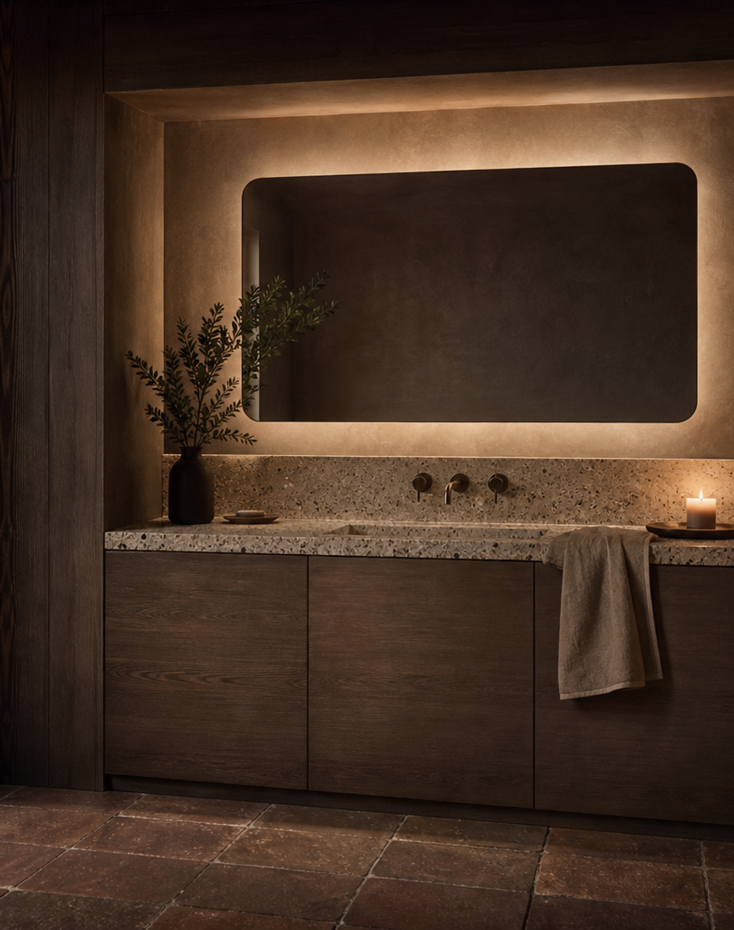 Fadior Alcove Bath and Vanity Suite with Clay Recess Morning Wash Wall — lifestyle setting with natural light and