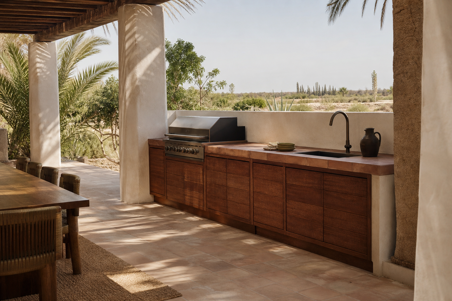 Fadior Vantage Outdoor Kitchen Suite with Mineral Safety Prep Terrace — interior room context showing cabinet integration