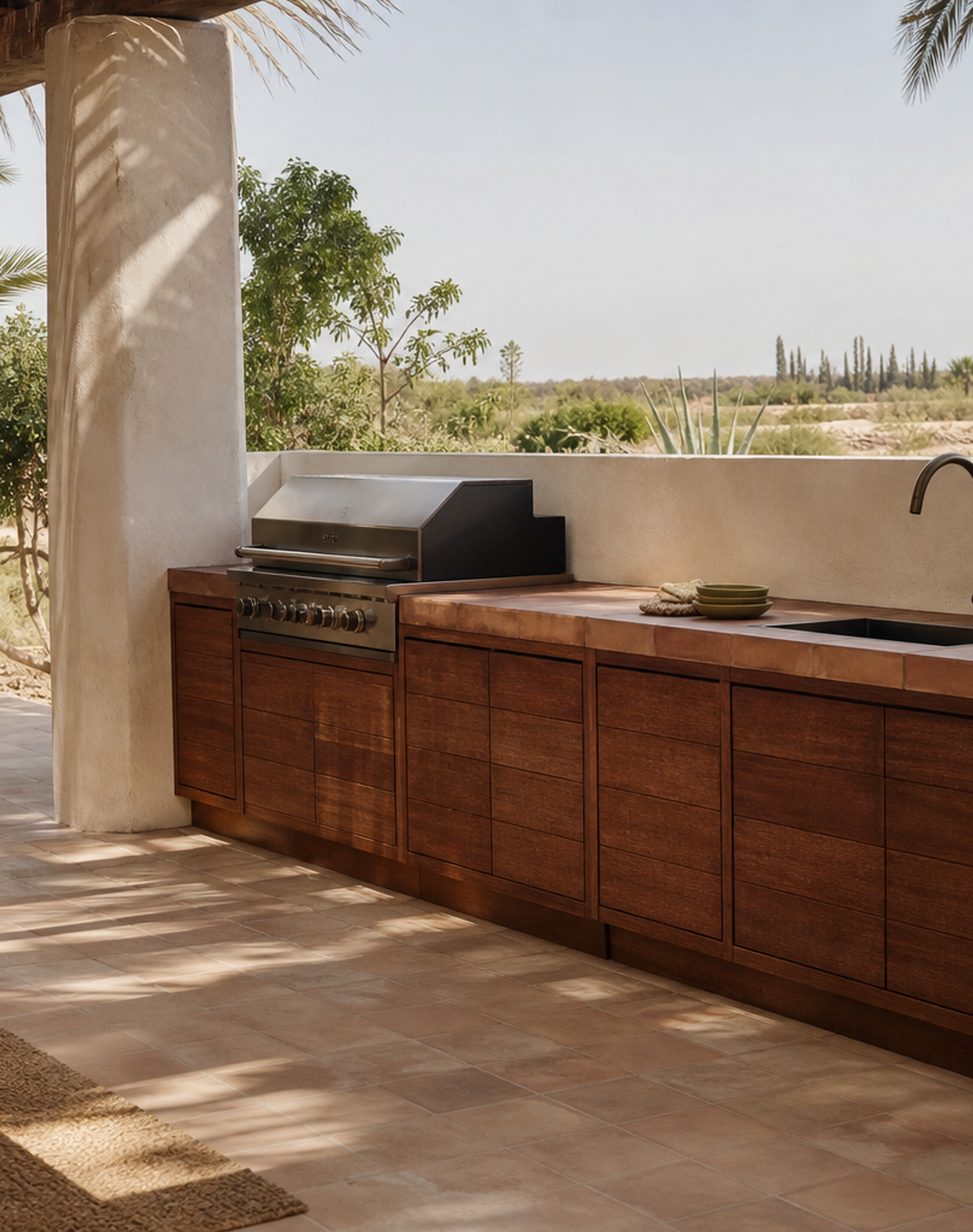 Fadior Vantage Outdoor Kitchen Suite with Mineral Safety Prep Terrace — interior room context showing cabinet integration