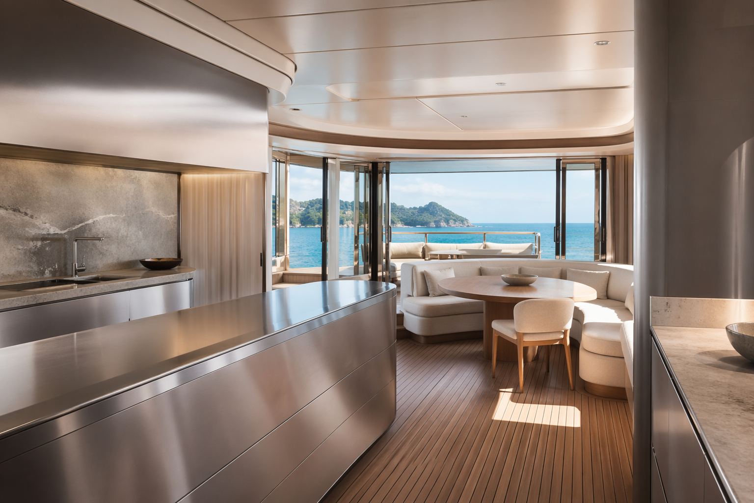 Fadior Caribbean Explorer Yacht — salon dining table, stainless service counter, glass terrace door, teak floor