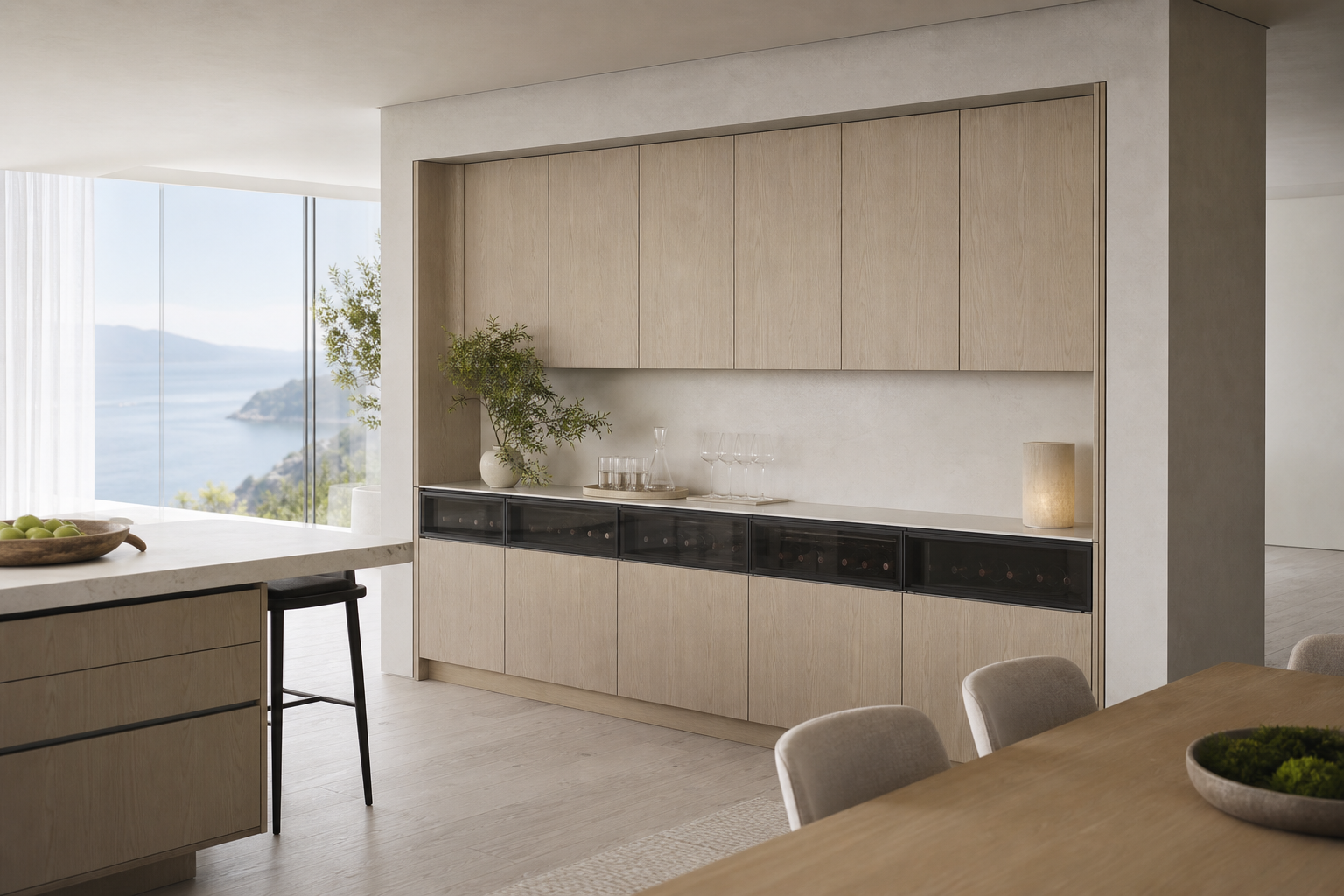 Fadior Grotto Wine Cabinet Suite with Profile Beverage Pairing Wall — interior room context showing cabinet integration