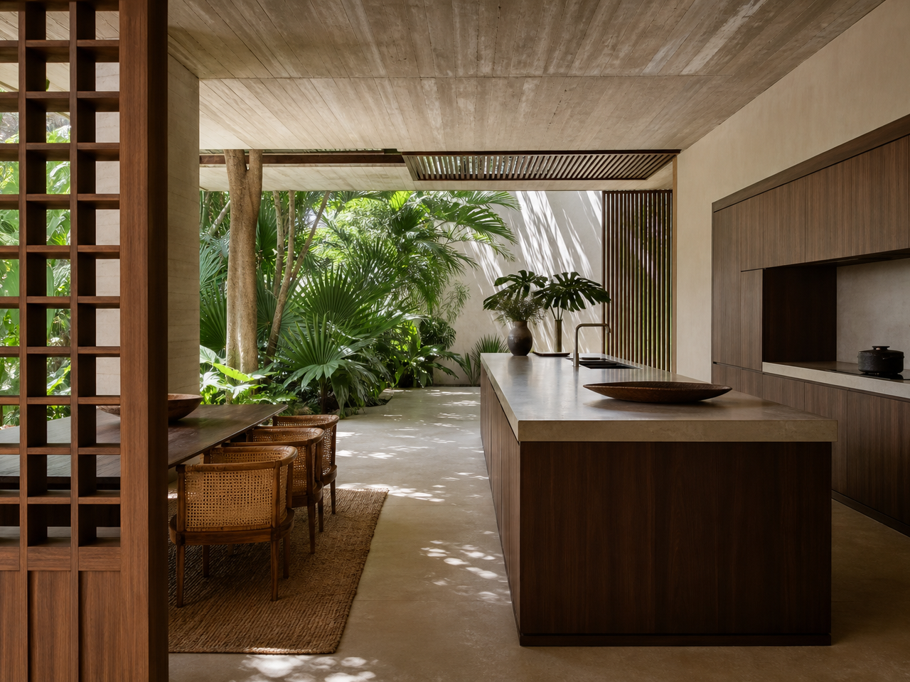 Kitchen atmosphere with tropical courtyard, deep teak tones, and hidden fittings material-truth purpose. — 304 stainless steel cabinetry editorial by Fadior
