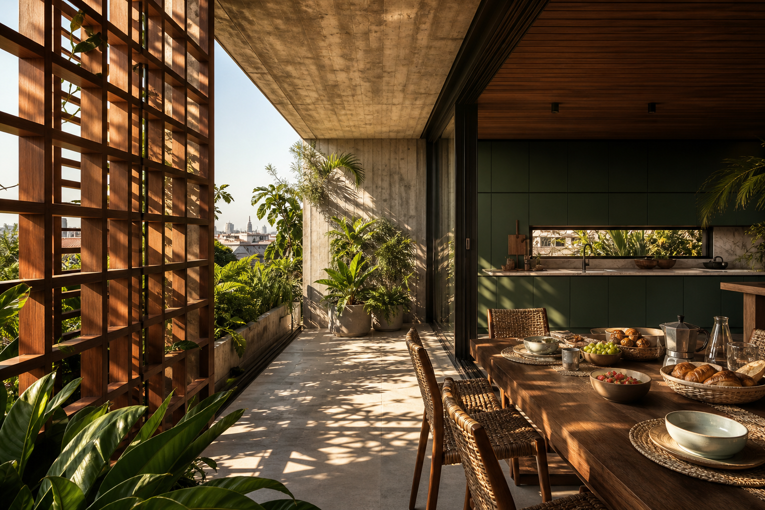 Fadior Milan 120 sqm Kitchen Penthouse — Milan terrace breakfast setting with cabinet finish, table, courtyard plants, hardwood lattice, concrete floor, and woven chairs