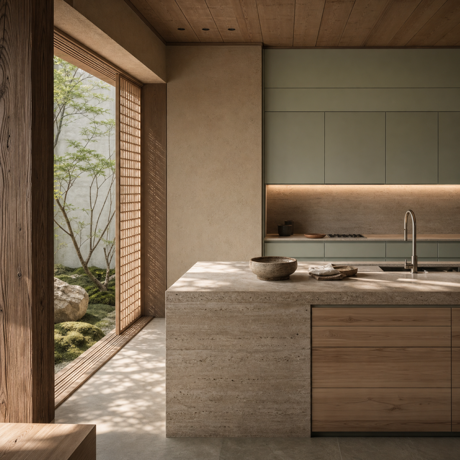 Fadior Forge Kitchen Suite with Pale Sage Chef Wall — lifestyle setting with natural light and residential styling