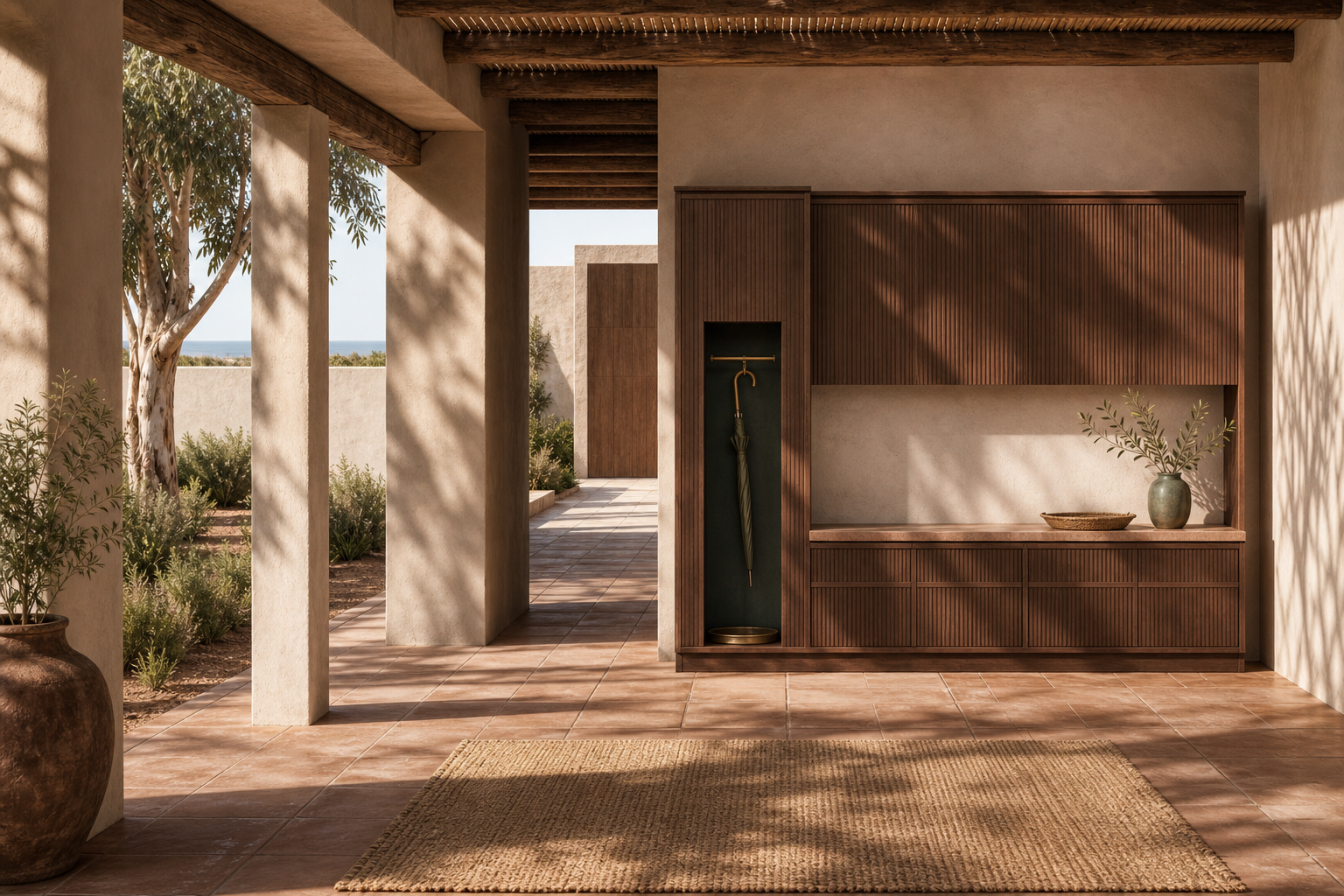 Fadior Loggia Entryway Suite with Umbrella Shadow Niche — interior room context showing cabinet integration
