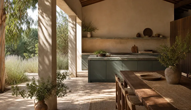 Kitchen atmosphere with adobe sand cabinetry and pale clay counters showing countertop pairing decisions. — 304 stainless steel cabinetry editorial by Fadior