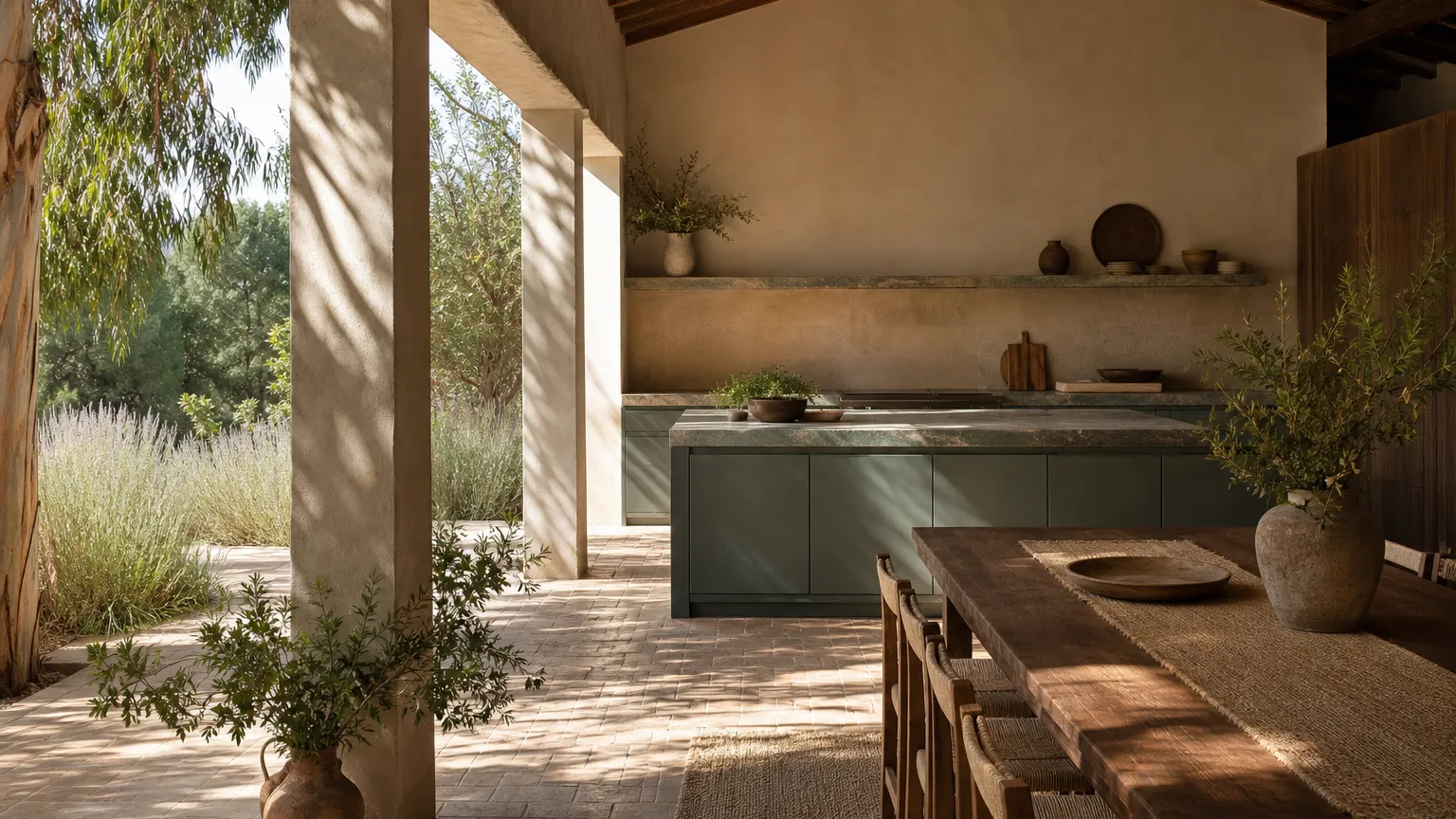 Kitchen atmosphere with adobe sand cabinetry and pale clay counters showing countertop pairing decisions.