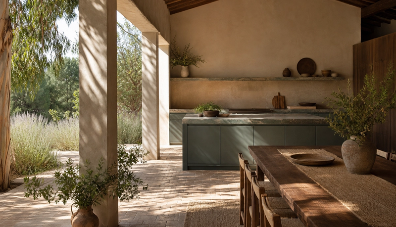 Kitchen atmosphere with adobe sand cabinetry and pale clay counters showing countertop pairing decisions. — 304 stainless steel cabinetry editorial by Fadior