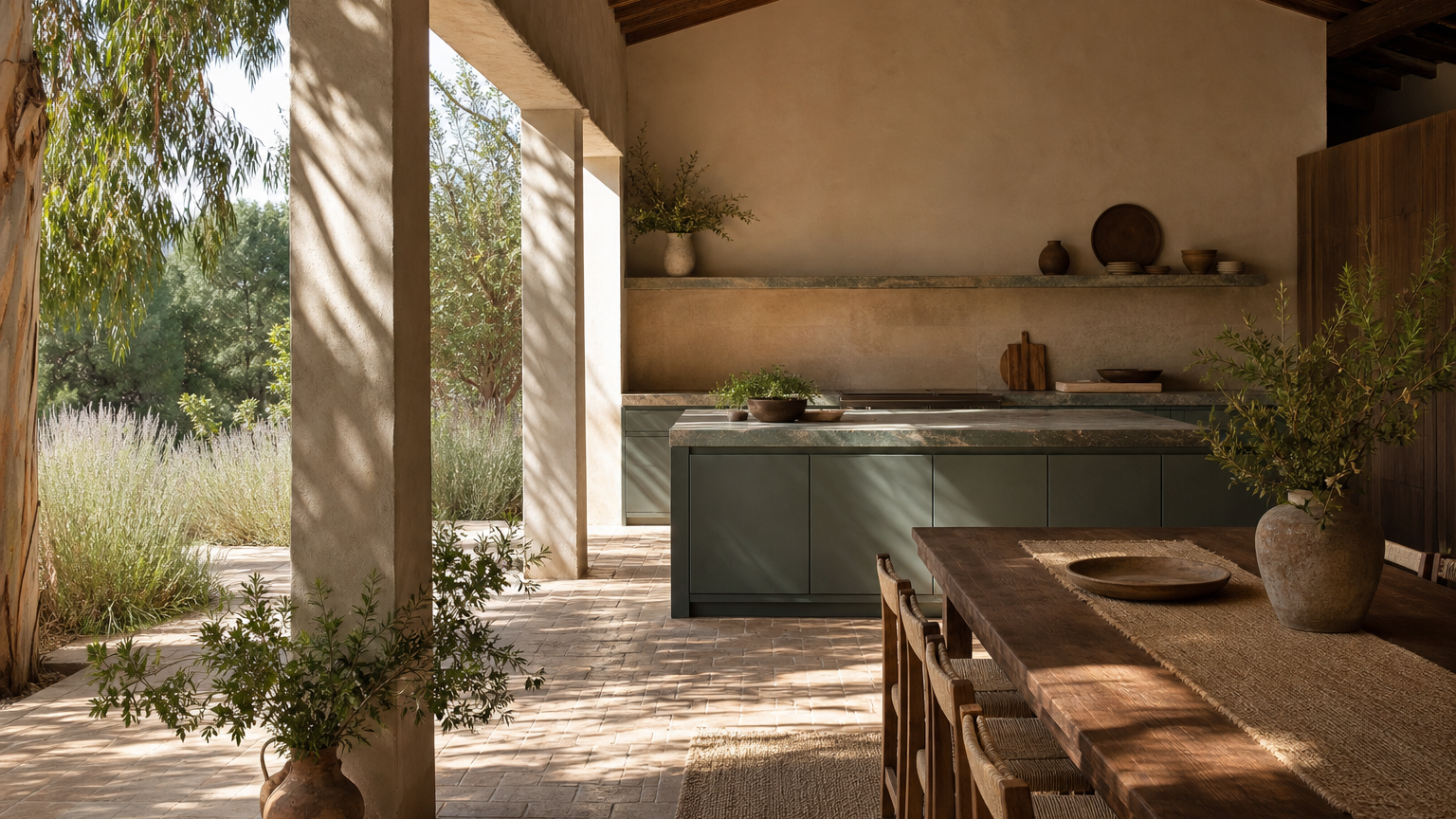 Kitchen atmosphere with adobe sand cabinetry and pale clay counters showing countertop pairing decisions.
