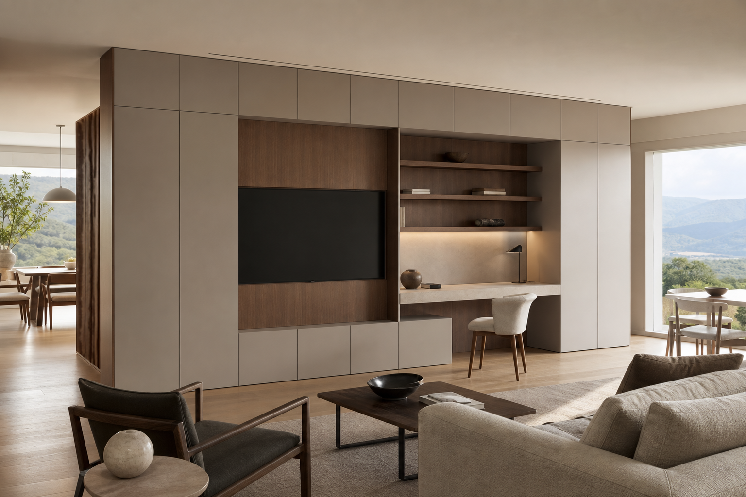Fadior Silvan Living Room Suite with Pale Stone Study Wall — interior room context showing cabinet integration