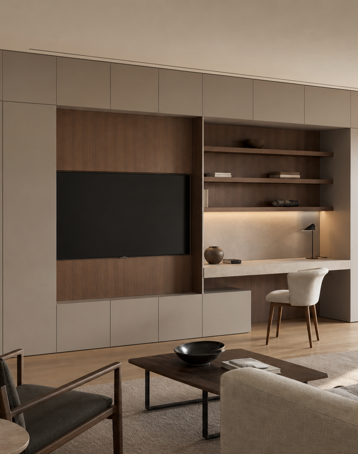 Fadior Silvan Living Room Suite with Pale Stone Study Wall — interior room context showing cabinet integration
