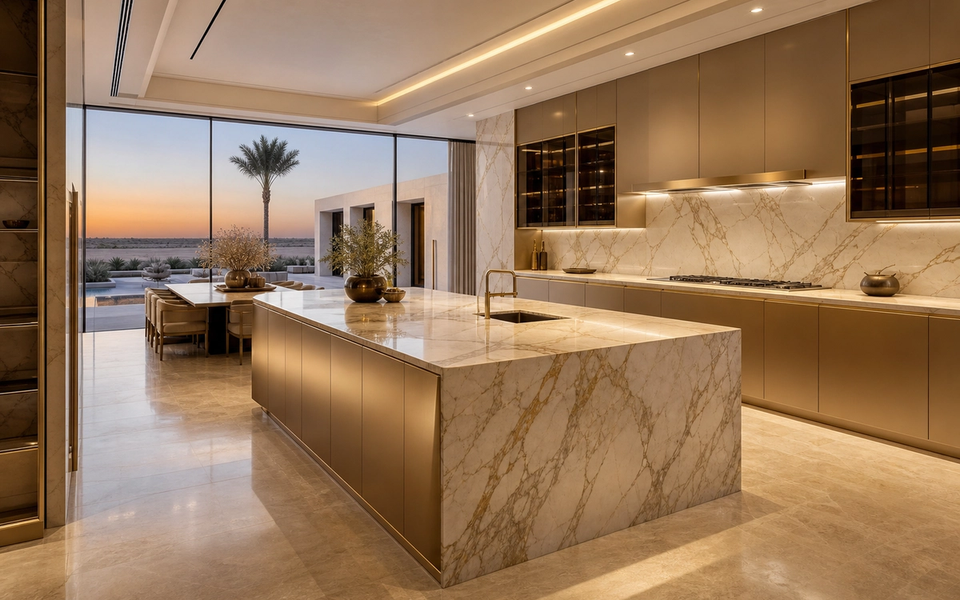 Fadior Abu Dhabi Garden Courtyard Villa — marble island, champagne cabinets, travertine floor, courtyard palm, desert window — 304 stainless steel cabinetry installation by Fadior