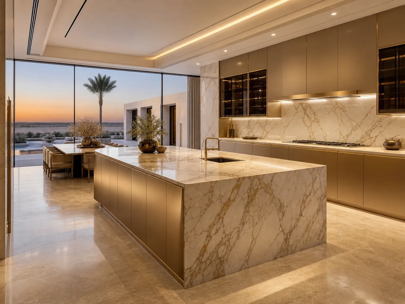 Fadior Abu Dhabi Garden Courtyard Villa — marble island, champagne cabinets, travertine floor, courtyard palm, desert window