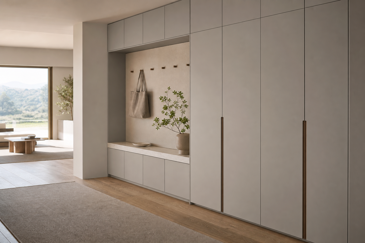 Fadior Savile Entryway Suite with Linen Pinboard Service Alcove — lifestyle setting with natural light and residential