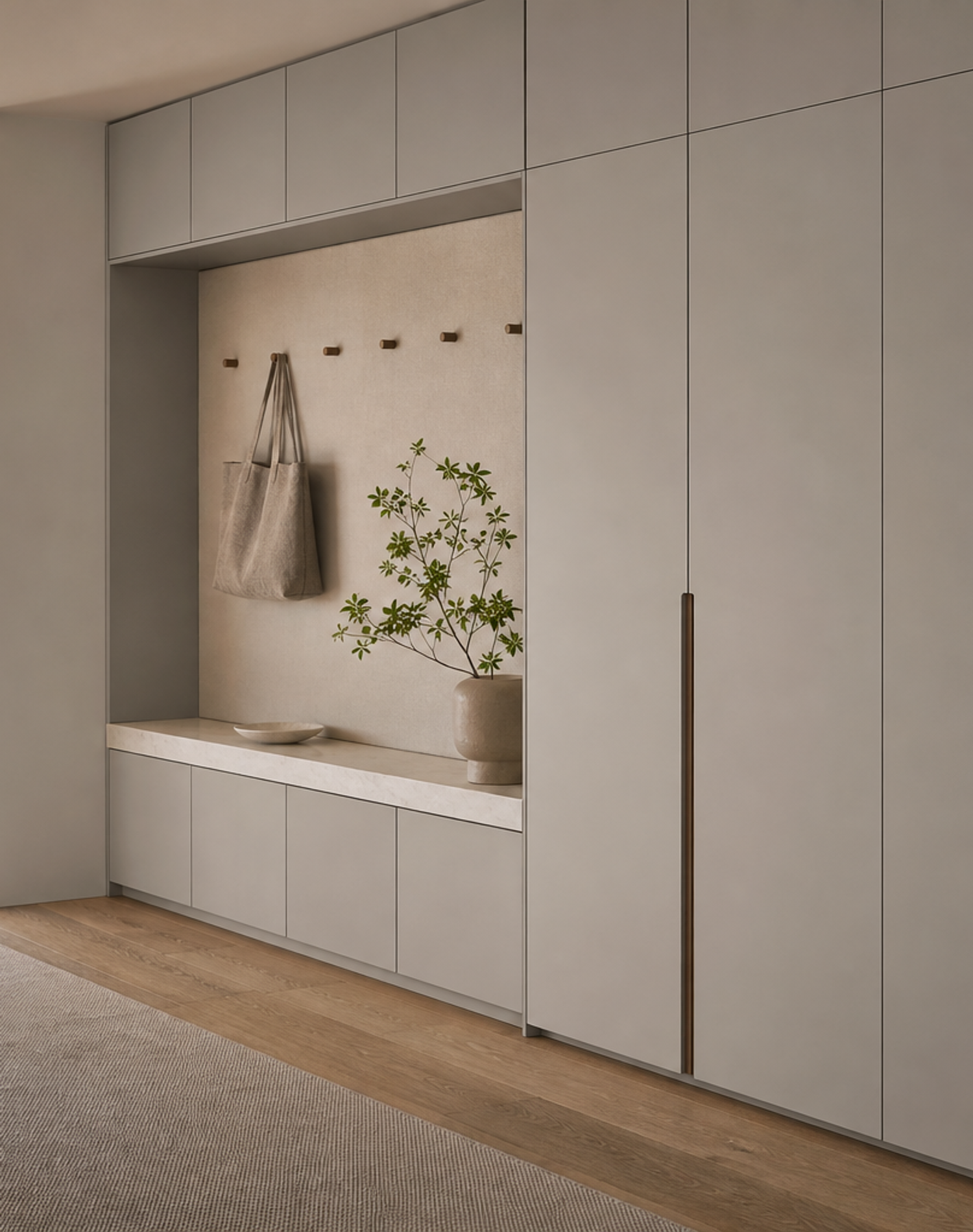 Fadior Savile Entryway Suite with Linen Pinboard Service Alcove — lifestyle setting with natural light and residential