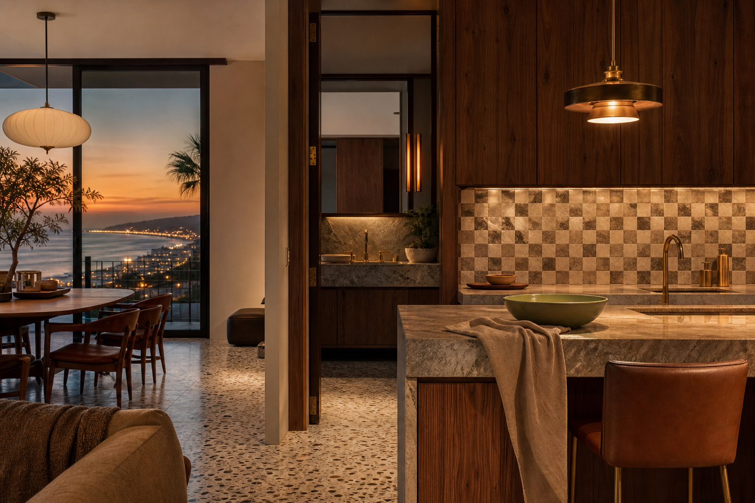 Fadior Malibu 480 sqm Kitchen Bath Villa — Malibu villa finish study with marble island, walnut cabinet face,