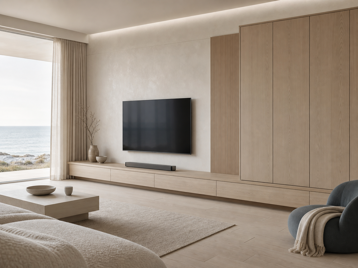 Fadior Patina Living Room Suite with Ribbon Ledge Audio Wall — interior room context showing cabinet integration