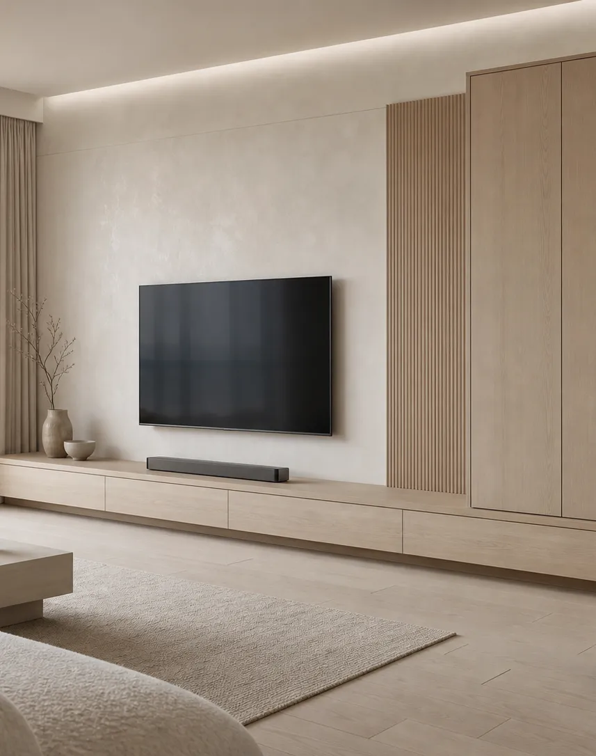 Fadior Patina Living Room Suite with Ribbon Ledge Audio Wall — interior room context showing cabinet integration