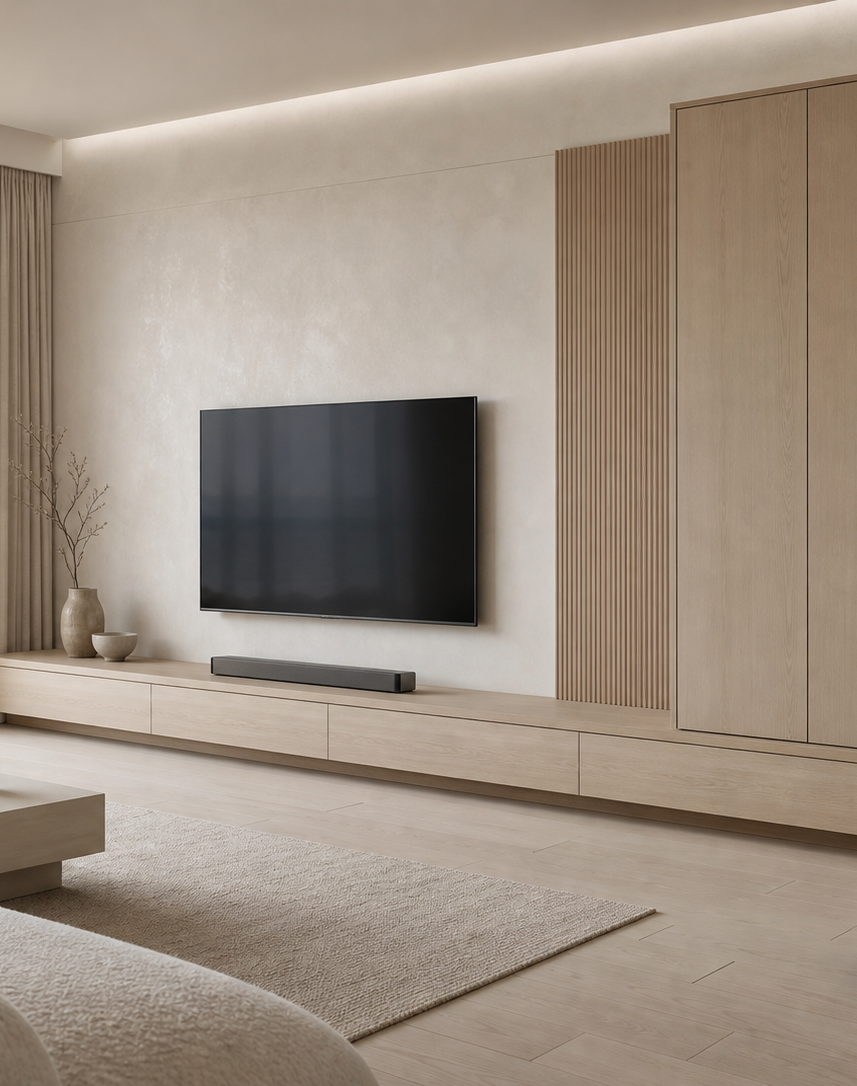 Fadior Patina Living Room Suite with Ribbon Ledge Audio Wall — interior room context showing cabinet integration