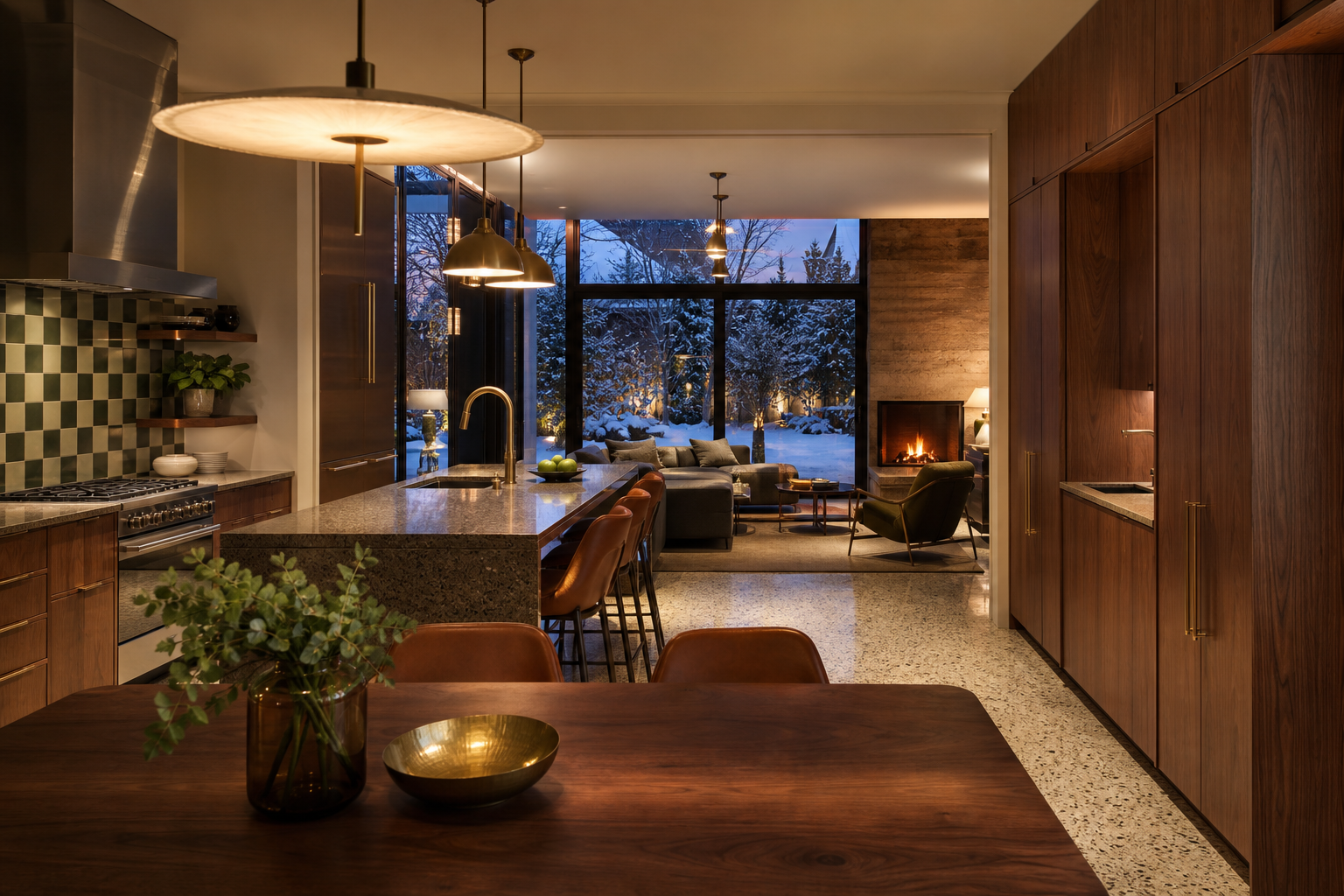 Fadior Montreal 150 sqm Kitchen Villa — Montreal kitchen island, dining table, sofa, fireplace, snowy window