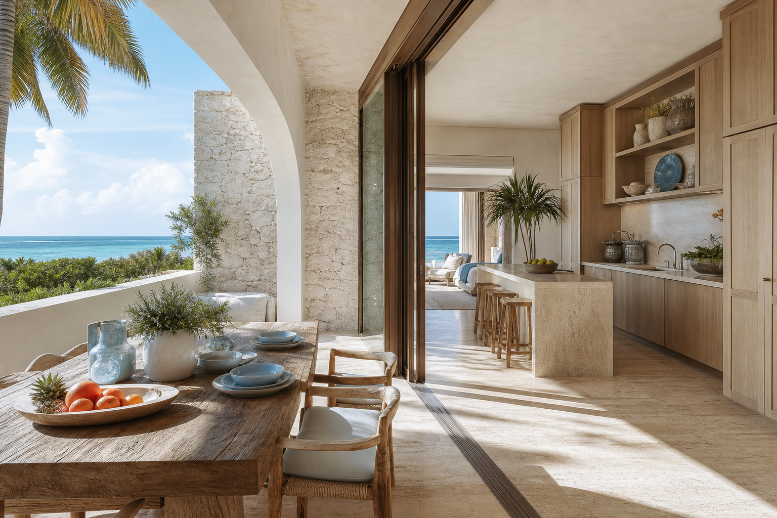 Fadior Miami Boutique Suite Hotel — Miami terrace dining threshold with timber table, ceramic dishes, stone wall,