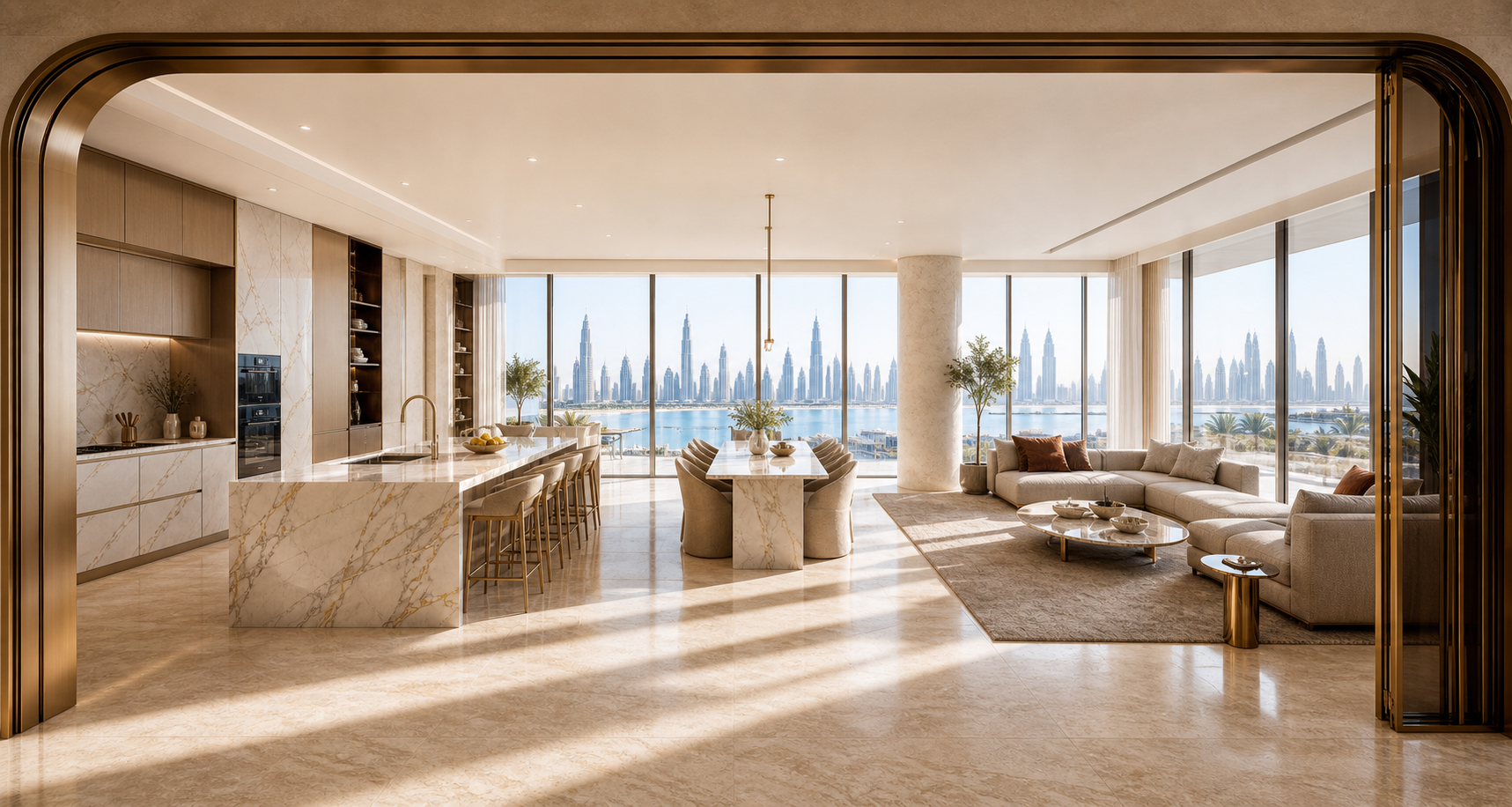 Fadior Dubai 120 sqm Kitchen Penthouse - kitchen island, dining table, lounge sofa, skyline glass