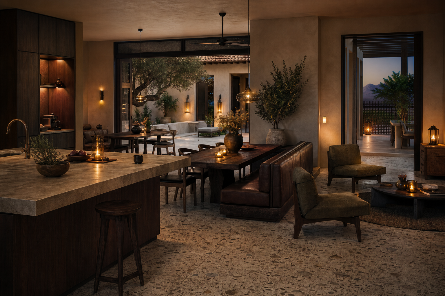 Fadior Muscat 280 sqm Kitchen Villa — Muscat villa living room with kitchen island, dining table, leather banquette,