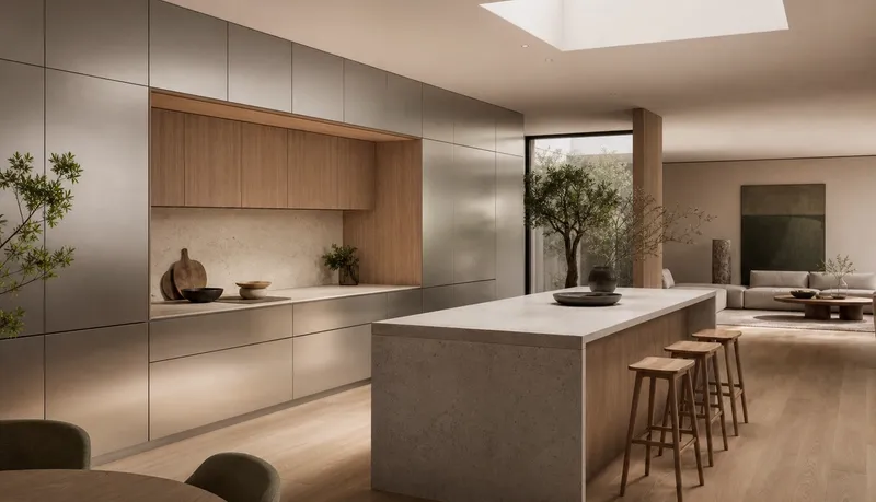 Fadior Kitchen atmosphere study: warm oak-grain fronts, pale stone, — 304 stainless steel cabinetry editorial by Fadior