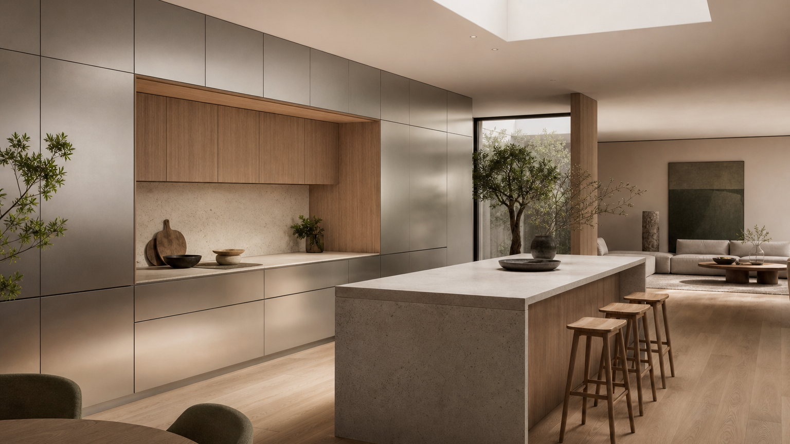 Kitchen atmosphere study: warm oak-grain fronts, pale stone, and brushed silver-toned cabinetry in an open-plan luxury setting.