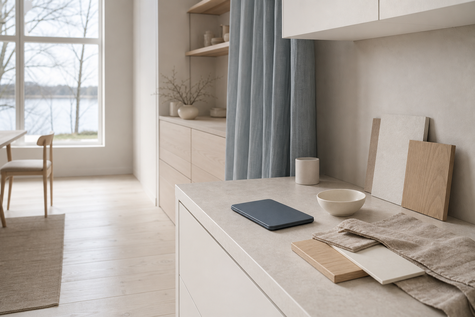 Material study: pale cabinet faces, oak veneer, ceramic samples, and calm light for AI kitchen planning.