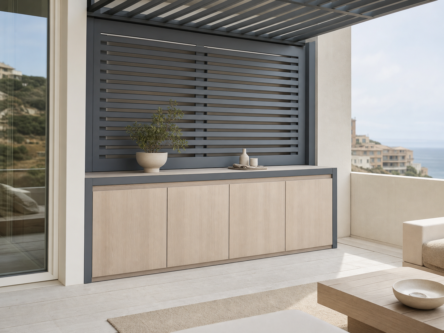 Fadior Aurora Balcony Suite with Louvered Shade Console — interior room context showing cabinet integration