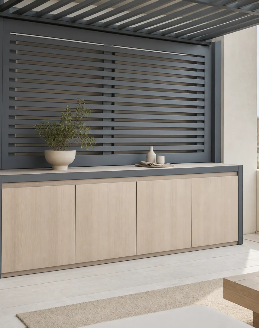 Fadior Aurora Balcony Suite with Louvered Shade Console — interior room context showing cabinet integration