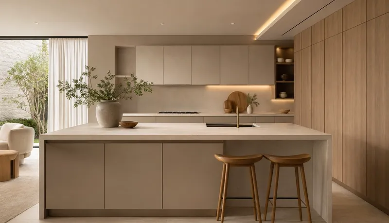 Fadior Kitchen atmosphere study: pale mineral countertop, warm taupe cabinetry, — 304 stainless steel cabinetry editorial by Fadior