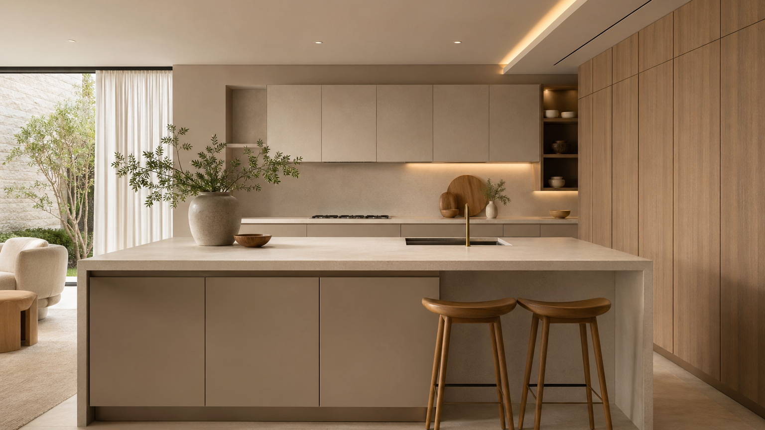 Kitchen atmosphere study: pale mineral countertop, warm taupe cabinetry, and calm integrated storage in a luxury residential setting.